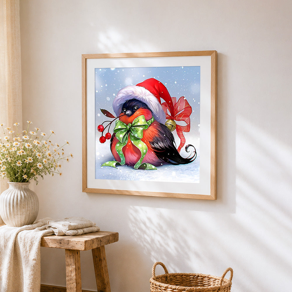 Cute robin with santa hat cross stitch artwork displayed on wall as home decor