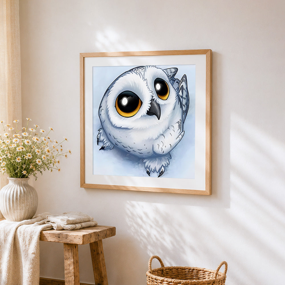 Cute round snowy owl cross stitch artwork displayed on wall as home decor