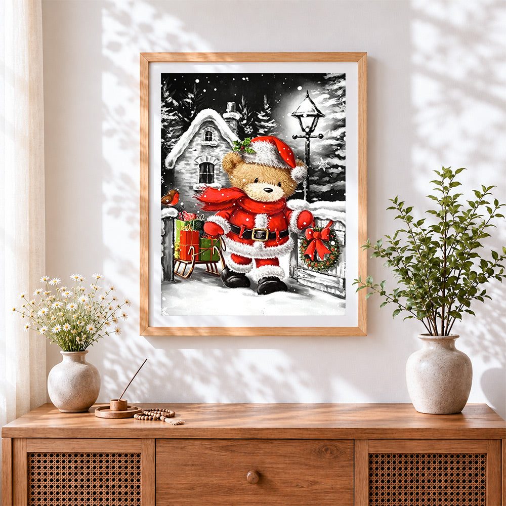 Finished cute santa bear with sleigh cross stitch artwork displayed