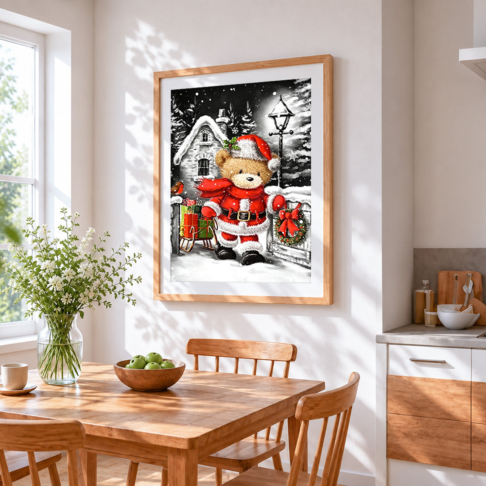 Cute santa bear with sleigh cross stitch artwork displayed on wall as home decor