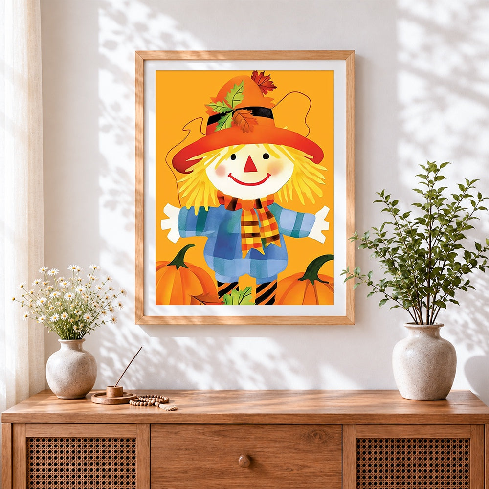 Finished cute scarecrow and pumpkins cross stitch artwork displayed