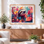 Finished cute sloth in a colourful floral garden cross stitch artwork displayed