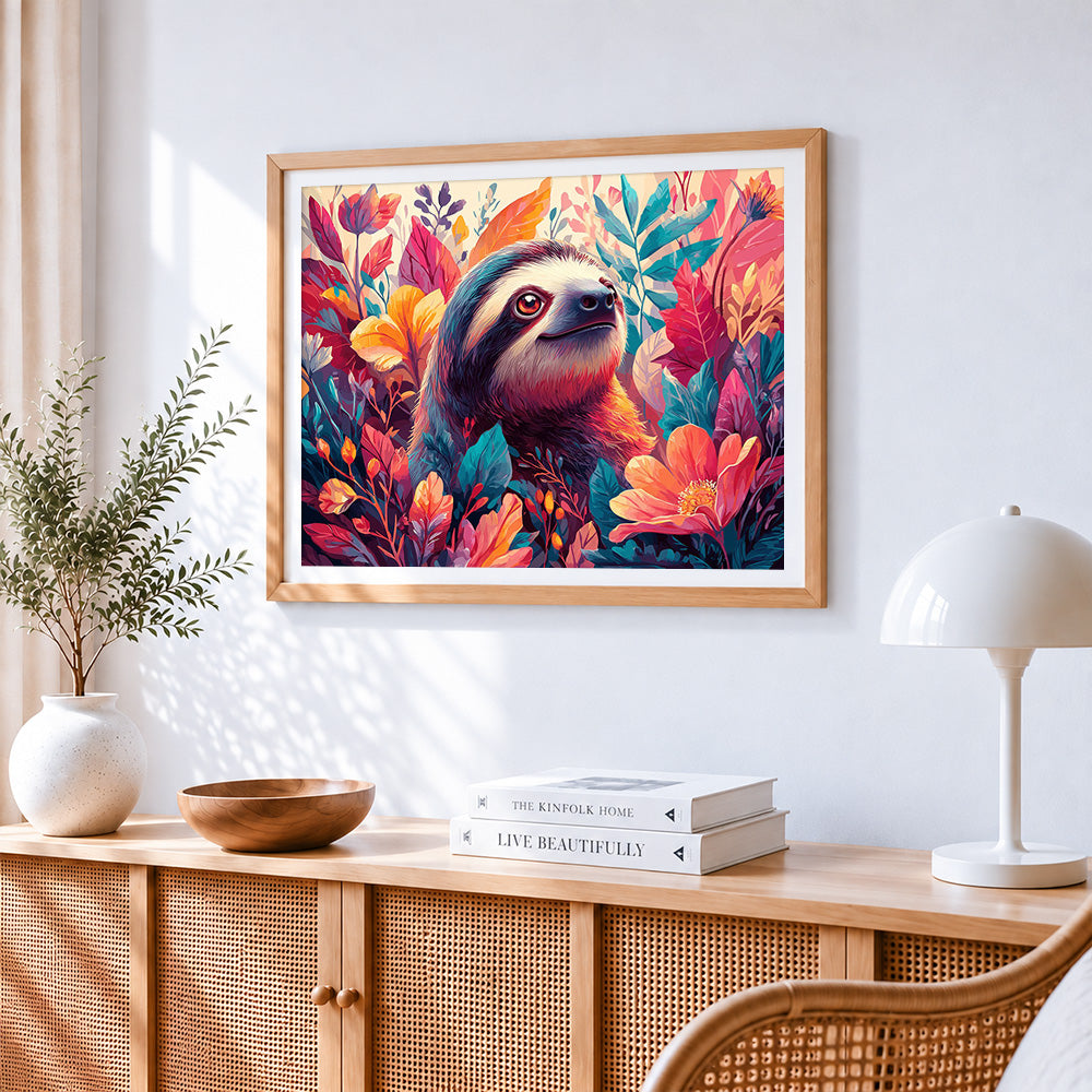 Cute sloth in a colourful floral garden cross stitch artwork displayed on wall as home decor