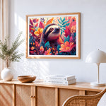 Cute sloth in a colourful floral garden cross stitch artwork displayed on wall as home decor