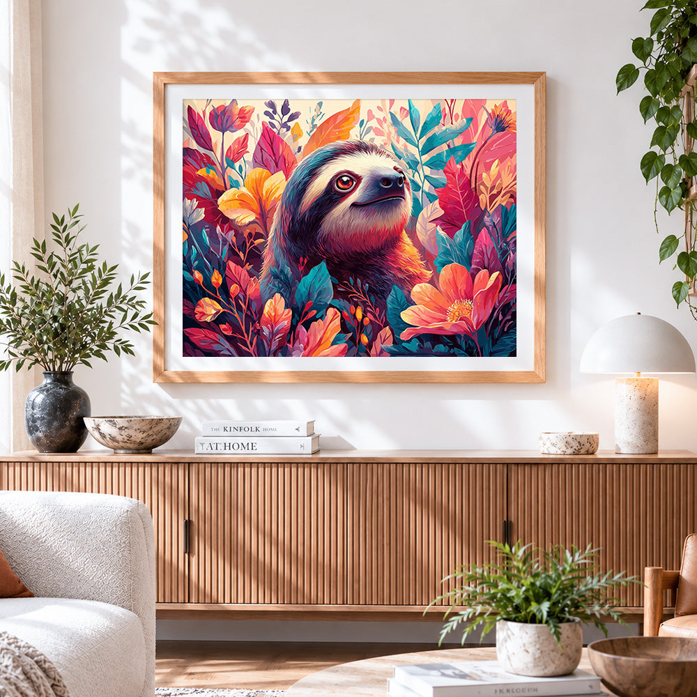 Finished cute sloth in a colourful floral garden paint by numbers artwork displayed as home decor