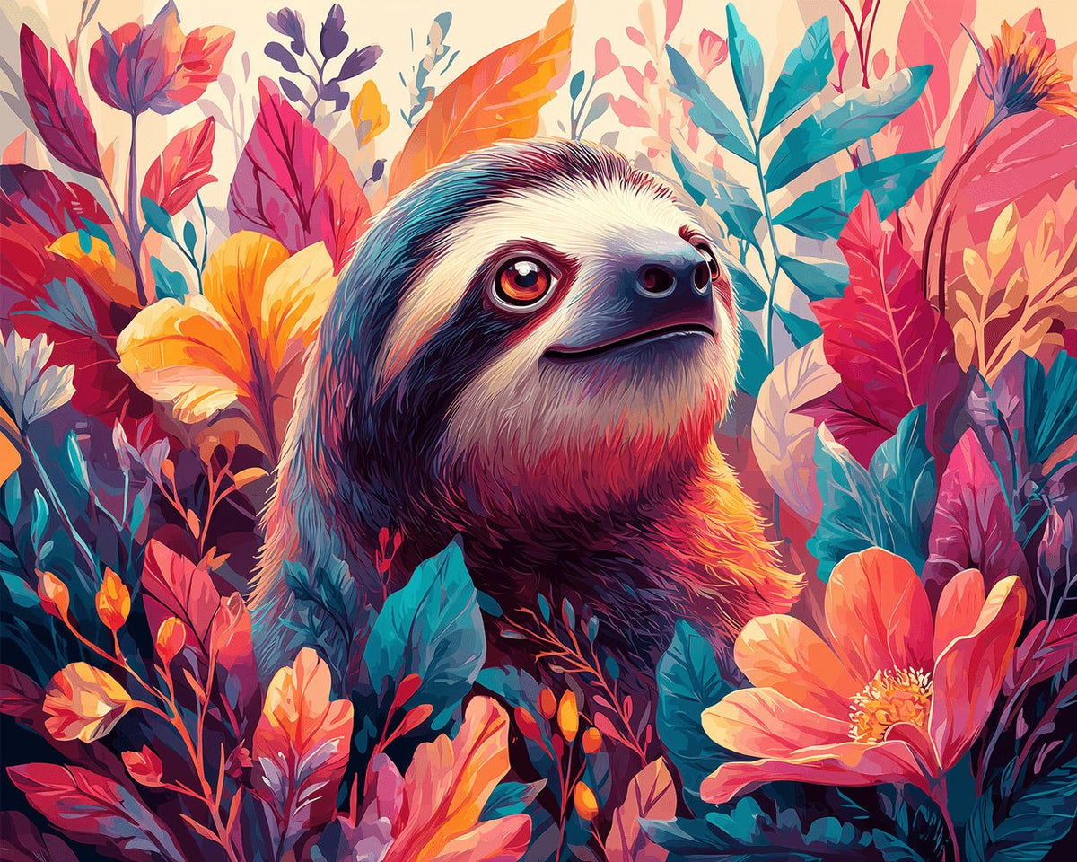 Cute sloth in a colourful floral garden paint by numbers kit for beginners