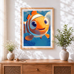 Finished cute smiling clownfish cross stitch artwork displayed