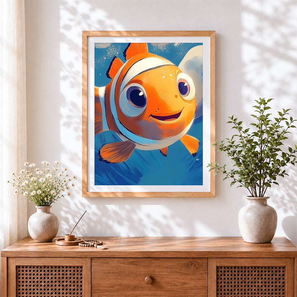 Finished cute smiling clownfish cross stitch artwork displayed