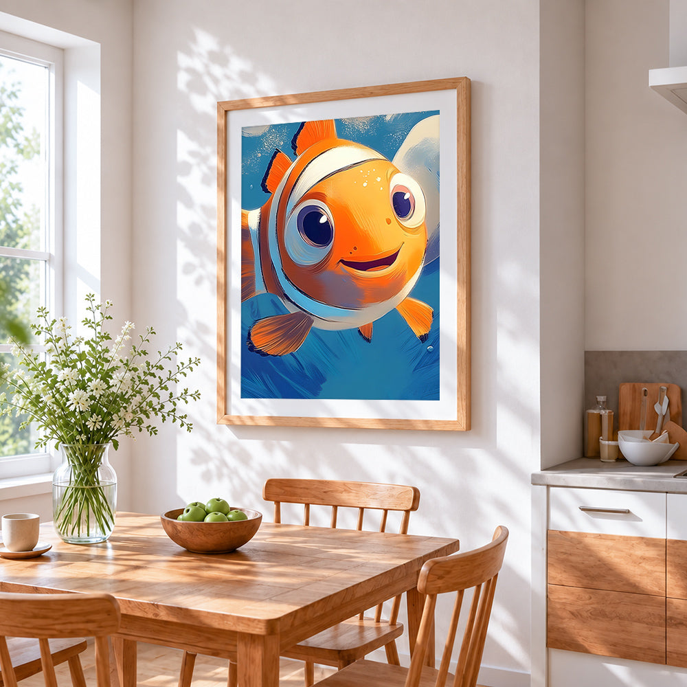 Cute smiling clownfish cross stitch artwork displayed on wall as home decor