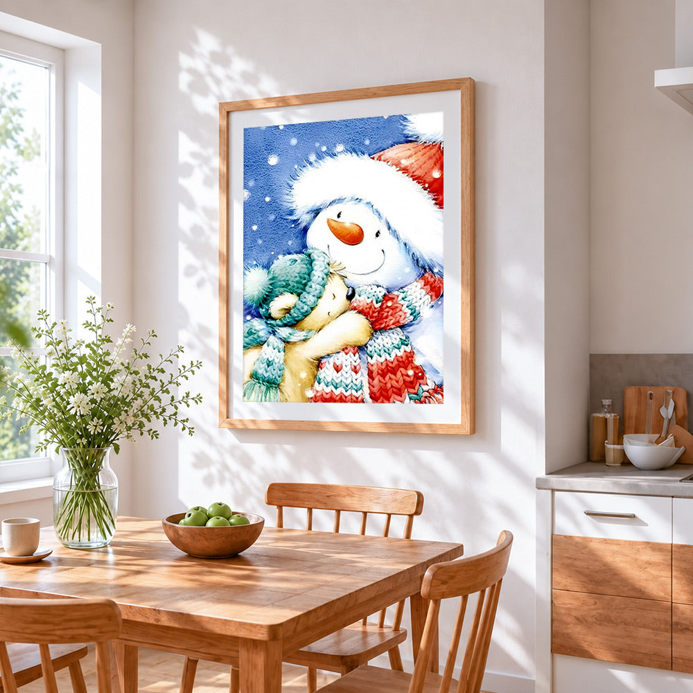 Cute snowman and bear cross stitch artwork displayed on wall as home decor