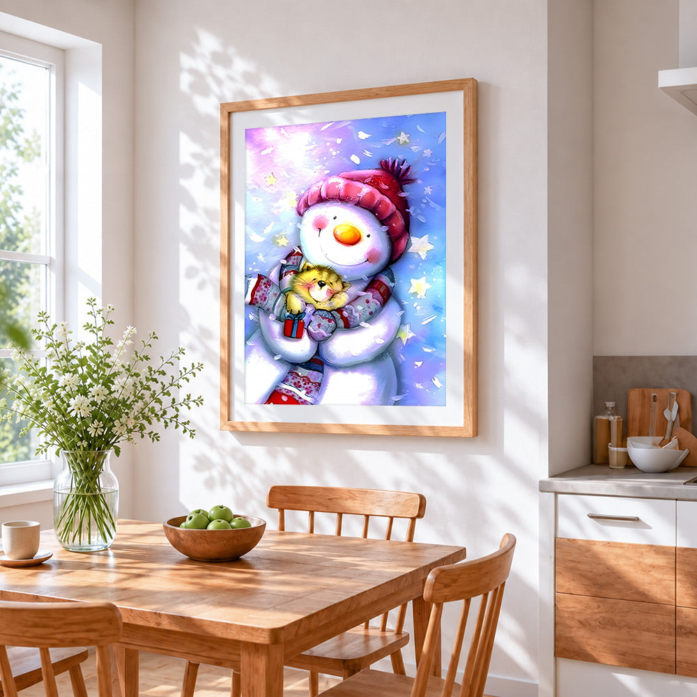Cute snowman and kitten cross stitch artwork displayed on wall as home decor