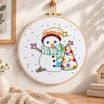 Cute snowman and tree embroidery hoop wall art displayed as warm and cosy handmade home decor