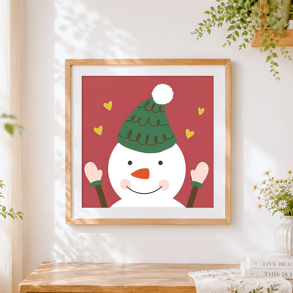 Finished cute snowman with christmas hat paint by numbers artwork displayed as home decor