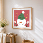 Cute snowman with christmas hat paint by numbers artwork displayed on wall as home decor