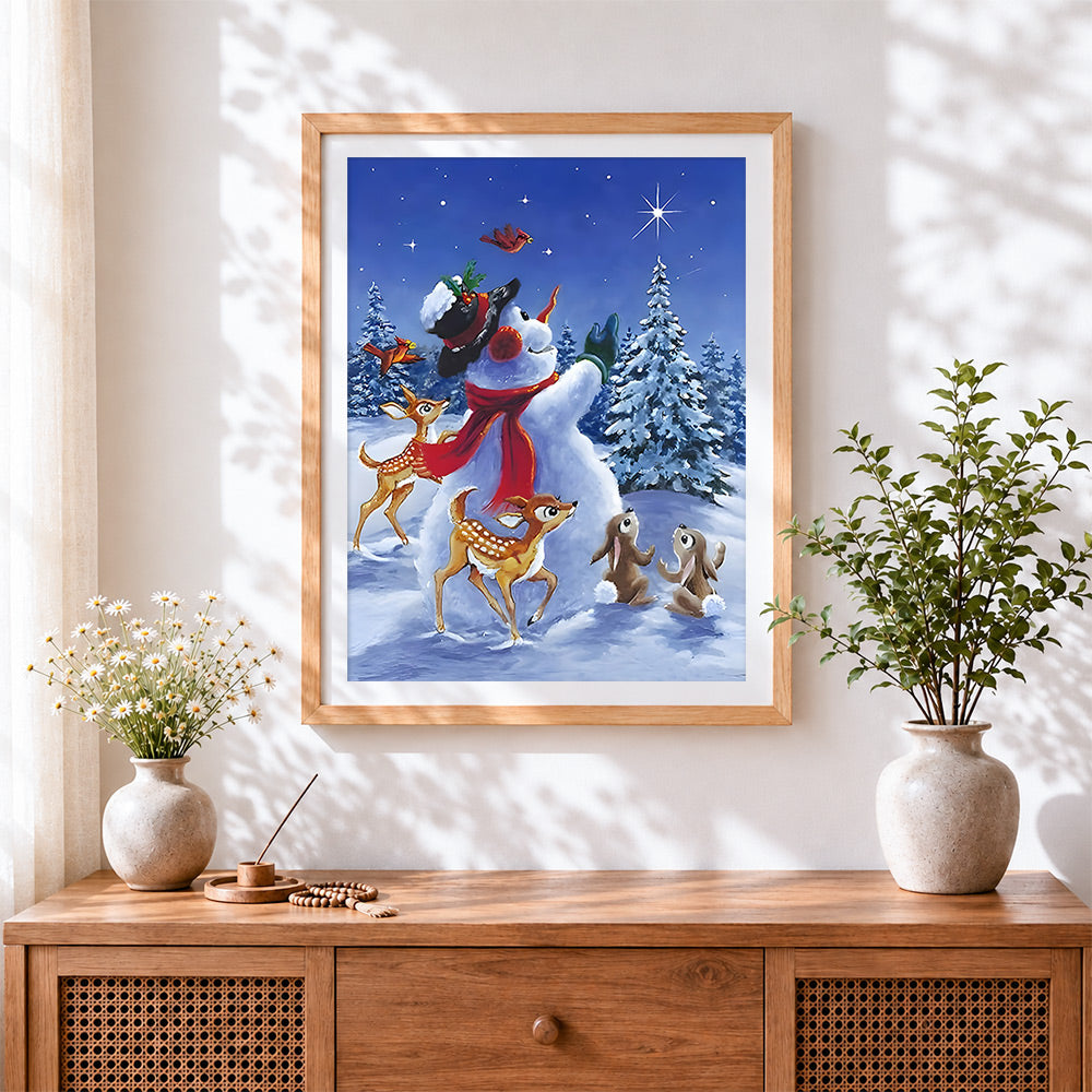 Finished cute snowman with deer, rabbits and cardinals cross stitch artwork displayed