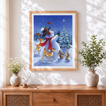 Finished cute snowman with deer, rabbits and cardinals cross stitch artwork displayed