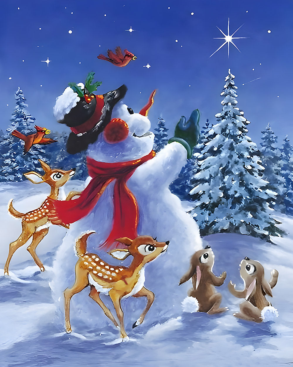 Cute snowman with deer, rabbits and cardinals cross stitch kit for beginners