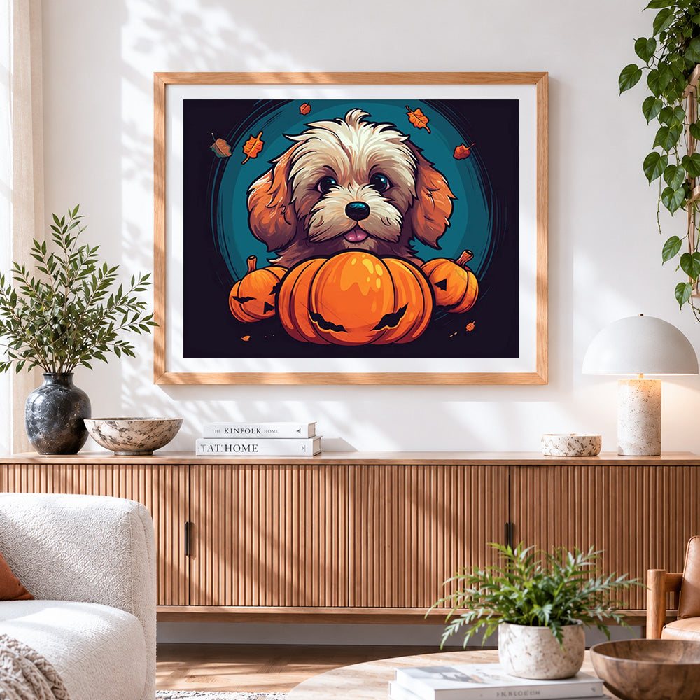 Finished cute spooky dog and halloween pumpkins cross stitch artwork displayed