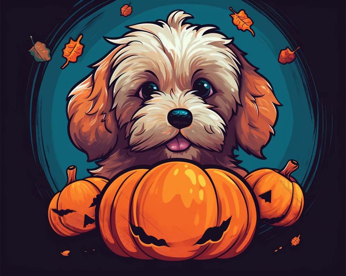 Cute spooky dog and halloween pumpkins cross stitch kit for beginners