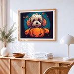 Cute spooky dog and halloween pumpkins cross stitch artwork displayed on wall as home decor