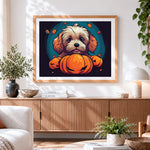Finished cute spooky dog and halloween pumpkins paint by numbers artwork displayed as home decor