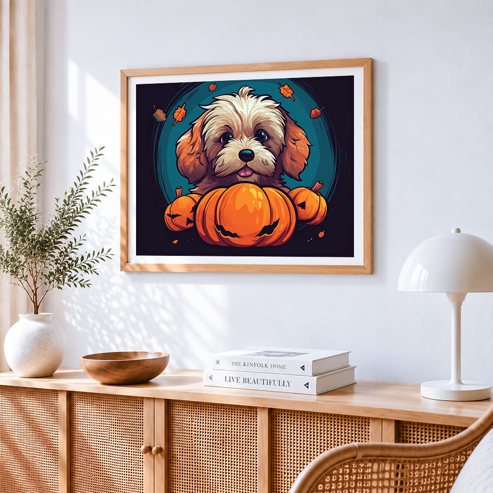 Cute spooky dog and halloween pumpkins paint by numbers artwork displayed on wall as home decor