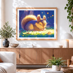 Finished cute squirrel eating in the sunlight paint by numbers artwork displayed as home decor