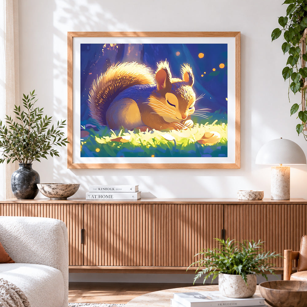 Finished cute squirrel eating in the sunlight paint by numbers artwork displayed as home decor
