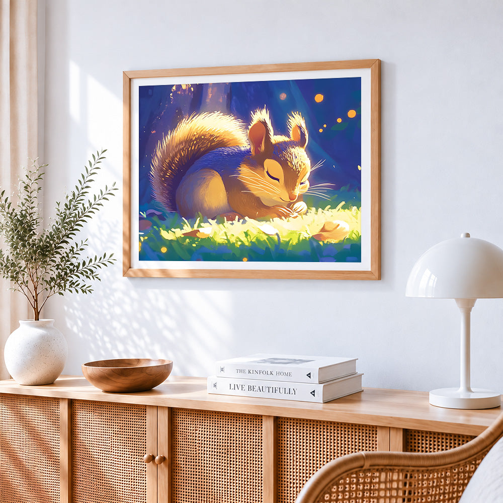 Cute squirrel eating in the sunlight paint by numbers artwork displayed on wall as home decor