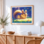 Cute squirrel eating in the sunlight paint by numbers artwork displayed on wall as home decor