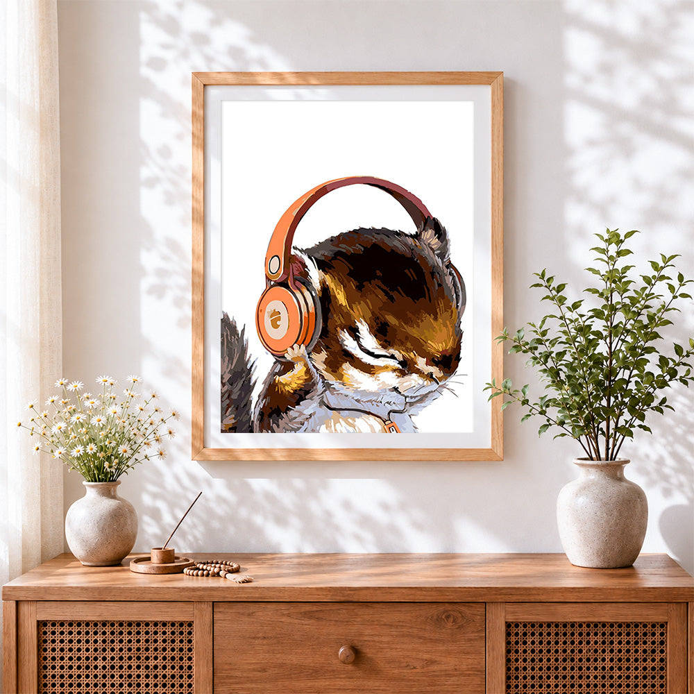 Finished cute squirrel listening to music cross stitch artwork displayed