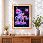 Finished cute starry glowing unicorn cross stitch artwork displayed