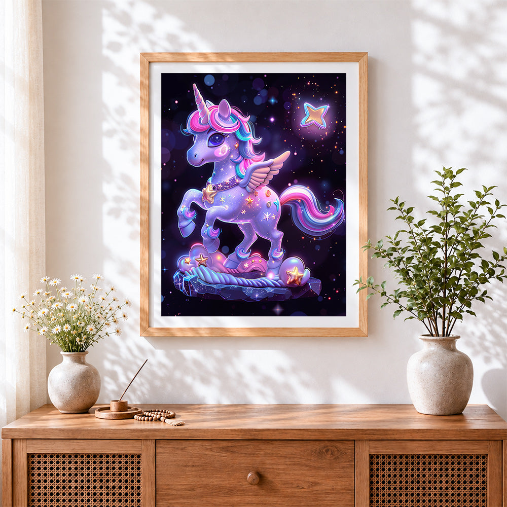 Finished cute starry glowing unicorn cross stitch artwork displayed