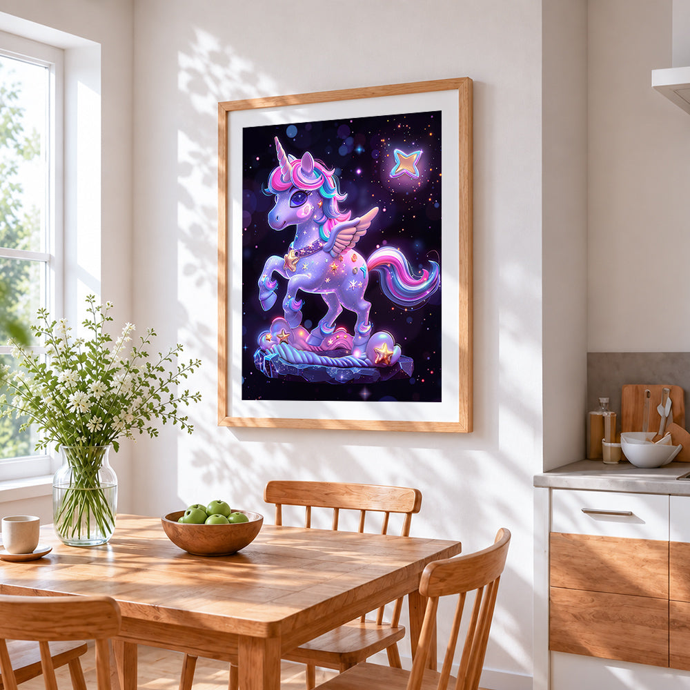 Cute starry glowing unicorn cross stitch artwork displayed on wall as home decor