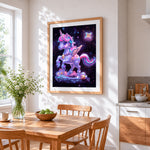 Cute starry glowing unicorn paint by numbers artwork displayed on wall as home decor