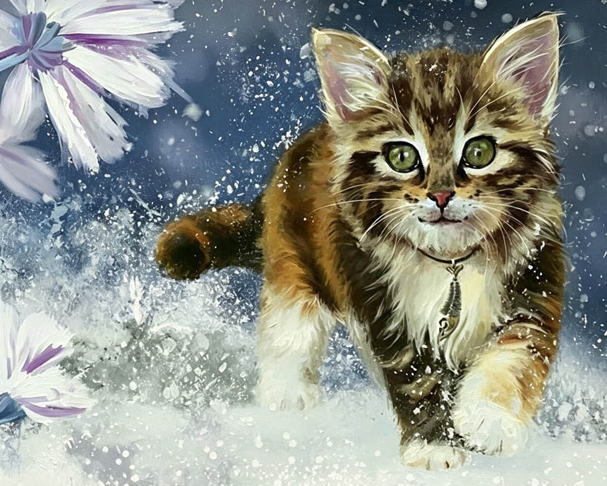Cute tabby kitten running in snow cross stitch kit for beginners