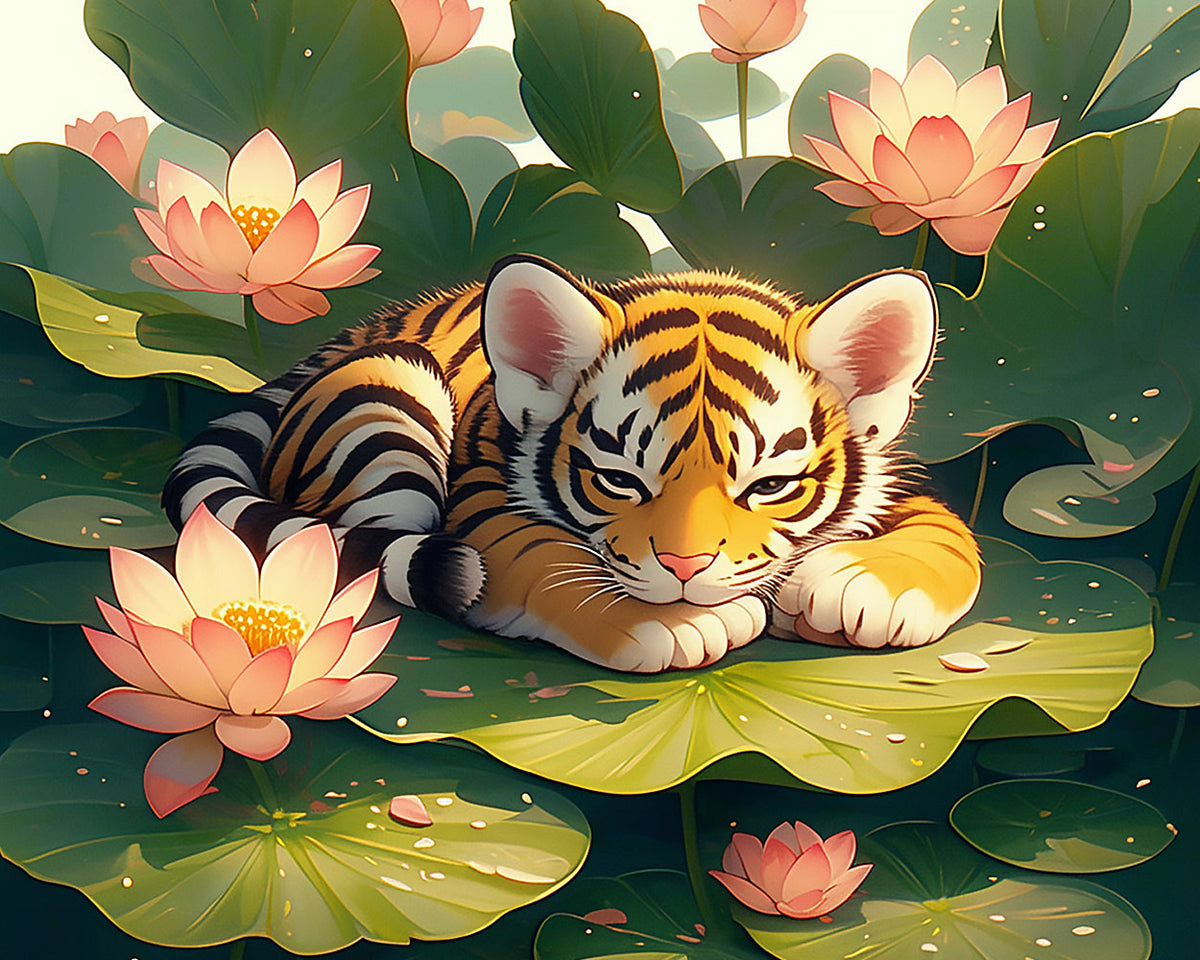 Cute tiger cub sleeping on a lotus leaf cross stitch kit for beginners