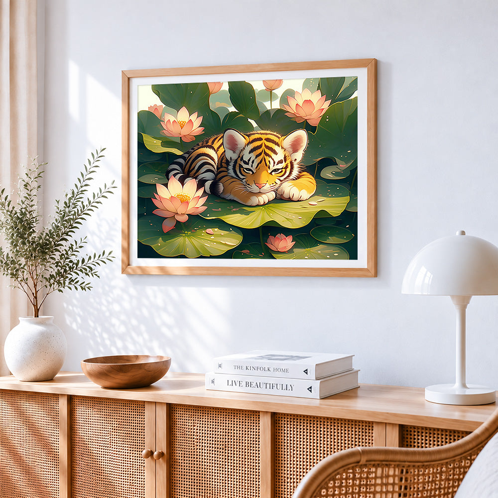 Cute tiger cub sleeping on a lotus leaf cross stitch artwork displayed on wall as home decor