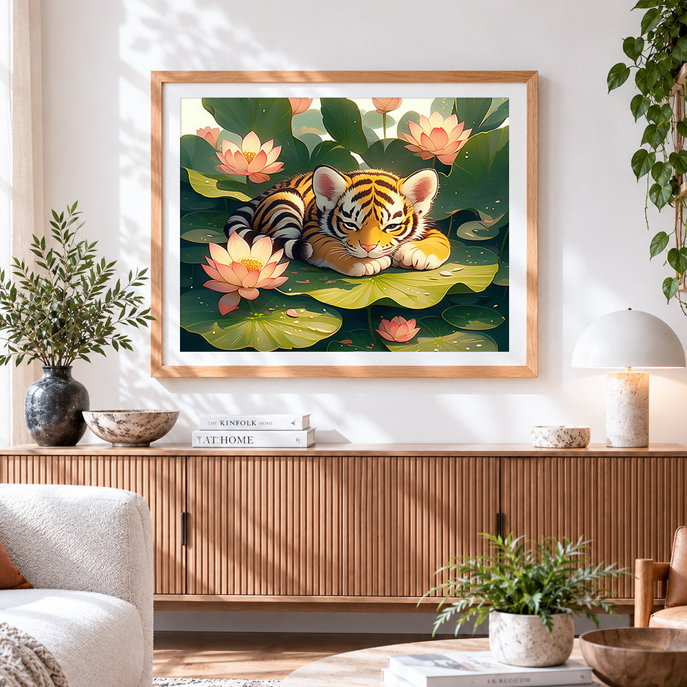 Finished cute tiger cub sleeping on a lotus leaf paint by numbers artwork displayed as home decor