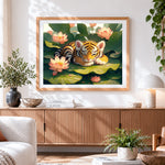 Finished cute tiger cub sleeping on a lotus leaf paint by numbers artwork displayed as home decor
