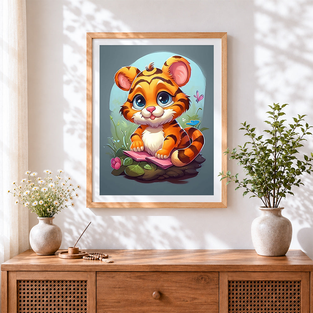 Finished cute tiger reading storybook cross stitch artwork displayed