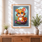 Finished cute tiger reading storybook cross stitch artwork displayed