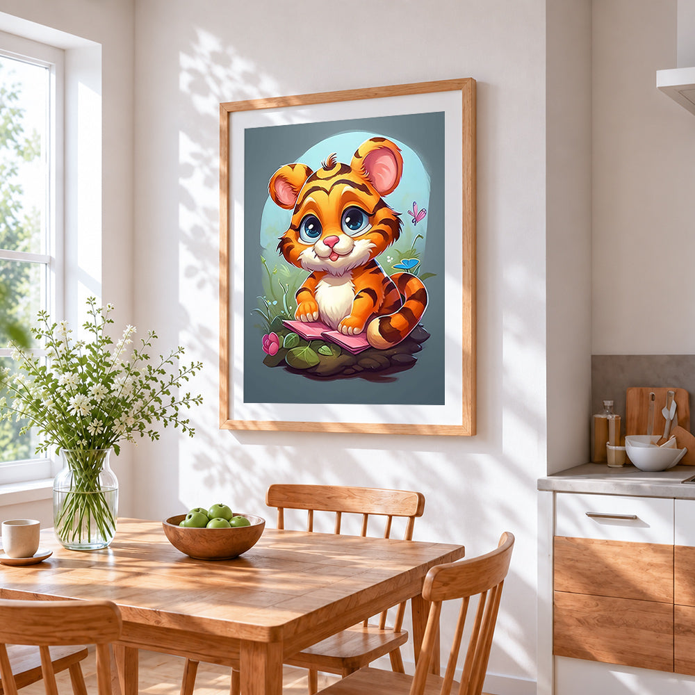 Cute tiger reading storybook cross stitch artwork displayed on wall as home decor