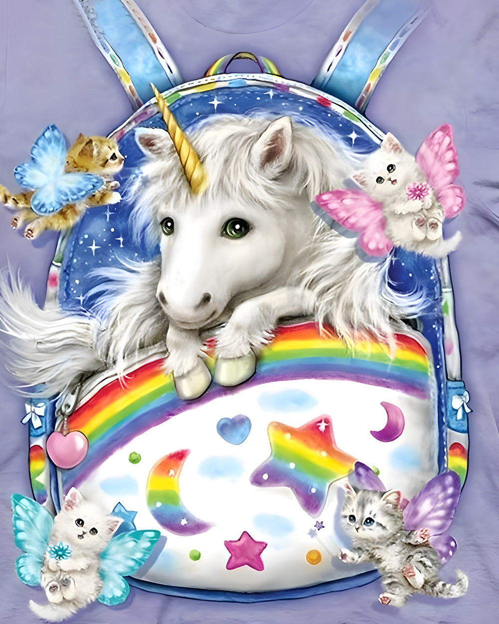 Cute unicorn and kittens in a backpack cross stitch kit for beginners