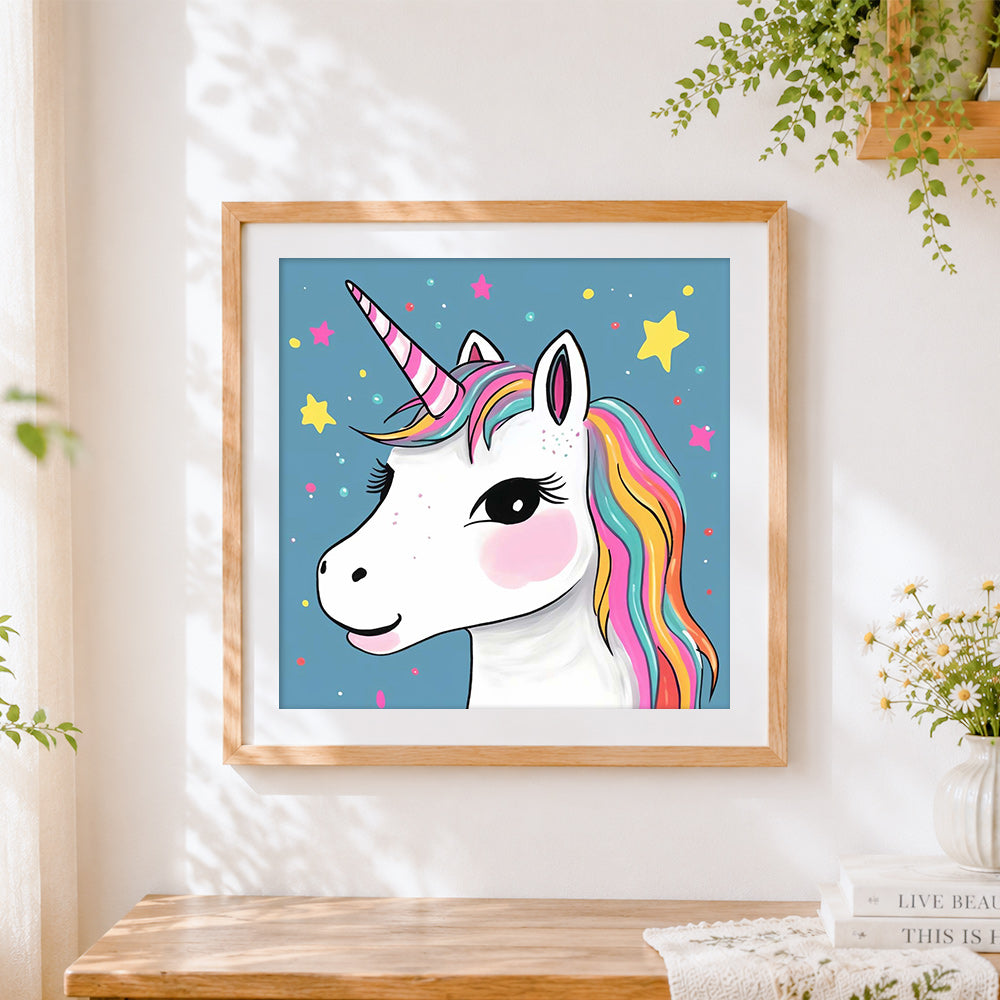 Finished cute unicorn and little starts cross stitch artwork displayed
