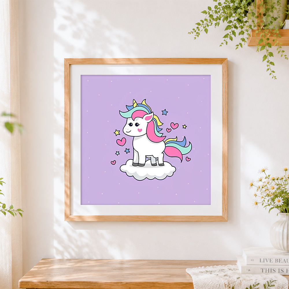 Finished cute unicorn on a cloud with hearts cross stitch artwork displayed