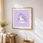 Cute unicorn on a cloud with hearts cross stitch artwork displayed on wall as home decor