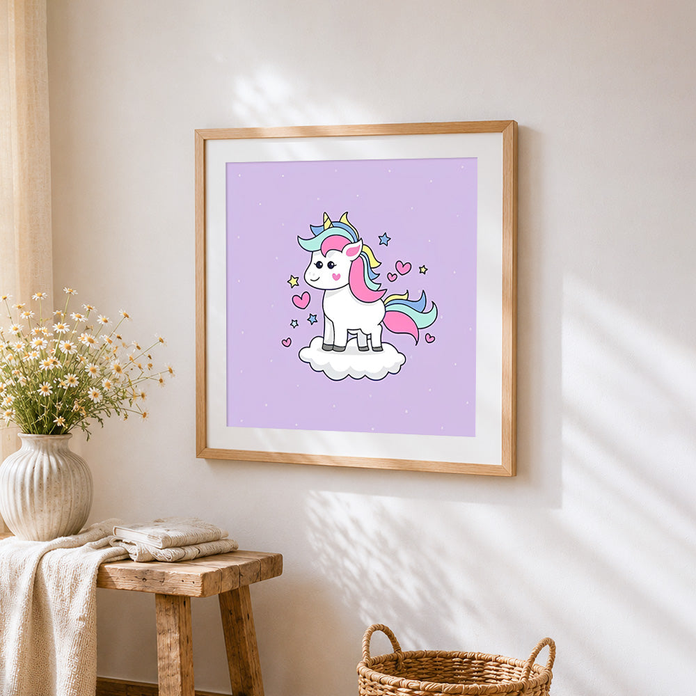 Cute unicorn on a cloud with hearts cross stitch artwork displayed on wall as home decor