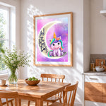 Cute unicorn on the moon cross stitch artwork displayed on wall as home decor