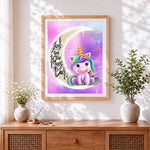 Finished cute unicorn on the moon paint by numbers artwork displayed as home decor